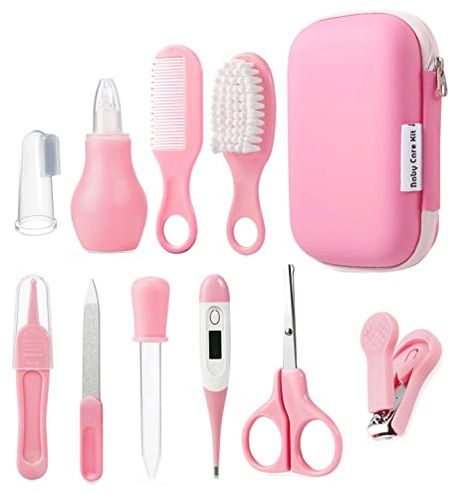 PandaEar Baby Healthcare and Grooming Kit, Baby Safety Set Baby Comb, Brush, Finger Toothbrush, Nail Clippers, Scissors, Nasal Aspirator, Baby Essentials Nursery Care Kit (Pink) Baby Care Kit, Baby Nail Clippers, Baby Temperature, Finger Toothbrush, Nose Cleaner, Baby Grooming, Newborn Baby Care, Nasal Aspirator, Baby Nails