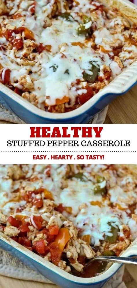 This Healthy Stuffed Pepper Casserole with cheddar and ground turkey is a great go-to meal for nights when you don’t really feel like cooking. This recipe is easy to make, hearty, and tastes great! #healthy #easy #casserole #dinner Healthy Crockpot Meals Ground Turkey, Heart Healthy Ground Turkey Recipes, Heart Healthy Turkey Recipes, Heart Healthy Casseroles, Ground Turkey And Peppers Recipe, Easy Casserole Dinner, Ground Turkey Casserole, Turkey Casserole Recipe, Ground Turkey Recipes Easy