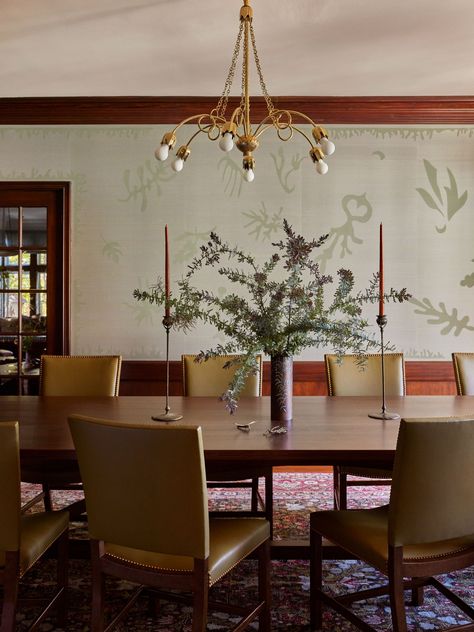 Frances Merrill, Tudor Dining Room, Reath Design, Dedar Fabric, 1920s House, Ceiling Murals, Wood Arch, Bespoke Sofas, Slipper Chairs