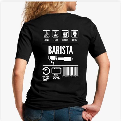 Introducing our new Barista T-shirt! Perfectly designed for those who love coffee and making it with passion. Featuring a quirky and fun graphic, this T-shirt is made with premium quality cotton, ensuring maximum comfort for all-day wear. Whether you're behind the counter or simply out and about, this T-shirt will scream your love for coffee and unparalleled brew-making expertise. Get ready to impress your customers and flaunt your skills in style! Order now and add a touch of personality to you Coffee Shop Uniform Ideas, Barista Shirt, Love Cafe, Coffee Barista, Coffee Tees, Coffee Tshirt, Sports Graphic Design, Coffee Design, Coffee Shirts