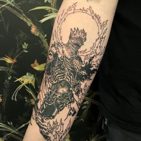 Elden Ring Tattoo Design, Ds3 Tattoo, Dark Souls Tattoo Design, Dark Souls Tattoos, Dark Souls Tattoo Ideas, Dark Themed Tattoos, Lotr Sleeve, Berserk Tattoos, Purple Tattoo Ink