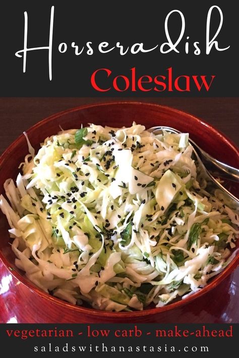 If you're tired of regular coleslaw, then you'll love this twist on the classic salad. The addition of horseradish really packs a unique flavor punch. #coleslaw #barbecue #lowcarb #vegetarian #summersalad Coleslaw With Horseradish, Coleslaw With Horseradish Recipe, Bag Coleslaw Recipe, Horseradish Coleslaw Recipe, Horseradish Coleslaw, Pork Belly Roast, Classic Coleslaw Recipe, Classic Coleslaw, Homemade Horseradish