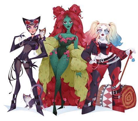 Poison Ivy Redesign, Harley Quinn Redesign, Catwoman Poison Ivy, Poison Ivy And Harley Quinn, Ivy And Harley, Character Lineup, Gotham Sirens, Grunge Girls, Gotham City Sirens