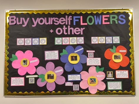 Self Care Ra Board, Self Care Bulletin Board, Life Bulletin Board, Residence Life Bulletin Boards, Health Classroom, Flower Bulletin Boards, Miley Cyrus Songs, Ra Inspiration, Miley Cyrus Flowers