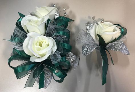 Green Prom Nails Short, Prom Wrist Corsage Ideas, Wrist Corsage Ideas, Green Prom Nails, Silk Corsage, Enchanted Prom, Lapel Corsage, Green Corsage, Mens White Tuxedo