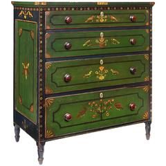 Green-Painted and Polychrome-Decorated Four-Drawer Chest Tulip Poplar, Country Interiors, Painted Chest, Painted Dresser, Plywood Furniture, White Pine, Hand Painted Furniture, Paint Furniture, Flipping Furniture