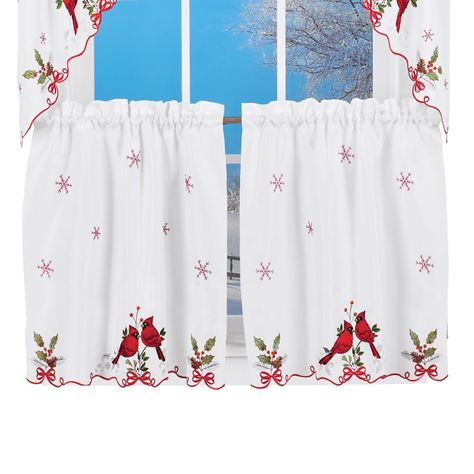 It's easy to add seasonal color to your windows with these festive curtains. The beautiful design features embroidered cardinals with lovely hollyleaf and ribbon accents along the bottom of the tiers, swags and valance with scroll cut out details. Christmas Kitchen Curtains, Winter Cardinals, Green And White Christmas, Embroidered Snowflakes, Winter Cardinal, Kitchen Curtain Sets, Curtain Rod Brackets, Christmas Accents, Valance Window Treatments