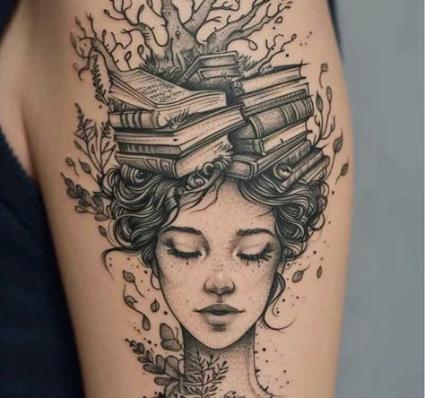 Book Worm Tattoo, Reader Tattoo Ideas, Book Lover Tattoo Ideas, Lover Tattoo Ideas, Literature Tattoos, Bookworm Tattoo, Librarian Aesthetic, Reader Tattoo, Writer Tattoo