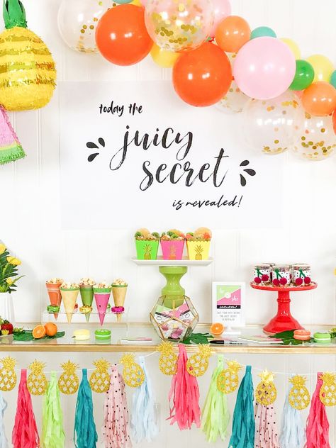 Free Party Printables For A Tutti Frutti Gender Reveal Party | Fun365 Summer Birthday Themes, Tissue Paper Garland, Tutti Frutti Party, Fruit Birthday Party, Birthday Balloons Pictures, Baby Gender Reveal Party Decorations, Tissue Paper Garlands, Gender Reveal Announcement, Tissue Paper Tassel Garland