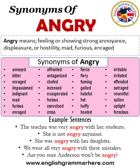 32 Synonyms Of Angry, Angry Synonyms Words List, Meaning and Example Sentences Angry means; feeling or showing strong annoyance, displeasure, or hostility, mad, furious, enraged Synonyms of Angry; annoyed bitter enraged impassioned indignant mad furious enraged affronted antagonized chafed incensed exasperated furious convulsed cross fierce fiery fuming galled hateful hot huffy heated irritable irritated offended outraged resentful sullen uptight ferocious Example Sentences Angry; The teacher Mad Synonyms, Annoying Synonyms, Synonyms For Angry, How To Show Annoyance In Writing, Synonyms For Annoyed, Other Words For Angry, Angry Synonym, Words For Angry, Synonyms Words