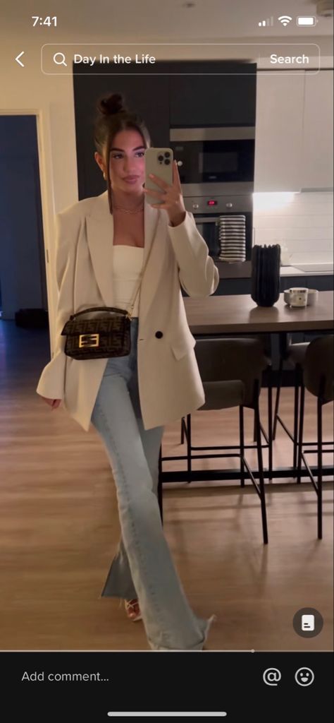 Blazer With Straight Leg Jeans, Blazer Jeans Heels Outfit, Casual Tan Blazer Outfits, Blue Jeans Heels Outfits, Cream Suit Outfit For Women, Blue Jeans Blazer Outfit, Jean And White Top Outfit Classy, Flared Jeans And Blazer Outfit, White Blazer Jeans Outfit Women