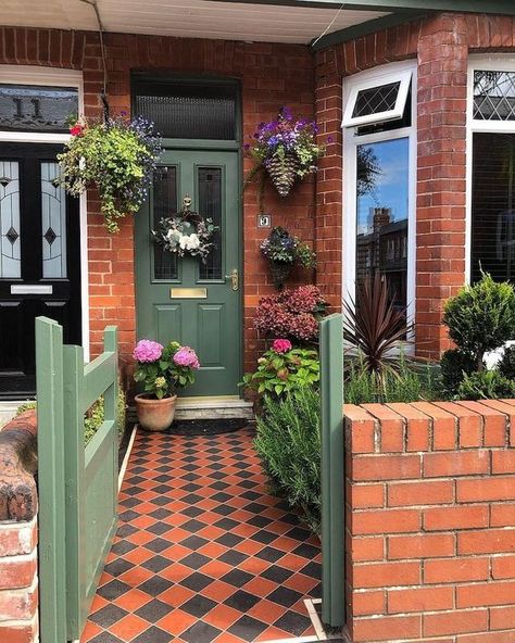 Small Front Porch Entrance Ideas: Maximizing Your Home’s First Impression 8 Porch Entrance Ideas, Front Door Decor Ideas Entrance, Victorian Path, Brick House Front Door Colors, English Style House, Victorian Front Garden, Terrace House Exterior, Front Path, How To Paint Kitchen Cabinets