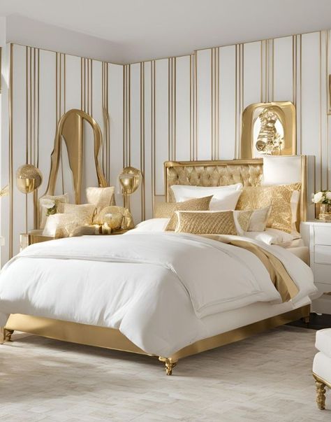 Bedroom Ideas Gold, White And Gold Bedroom Ideas, Classic Bedroom Ideas, Golden Bedroom, White And Gold Bedroom, Grey And Gold Bedroom, Blue And Gold Bedroom, Gold Bedroom Ideas, Bedroom Inspiration Cozy