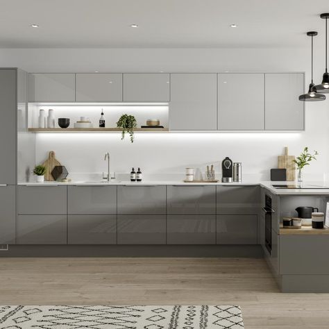 Glass Finish Kitchen, Bright Grey Kitchen, Modern Kitchen Design Grey And White, Grey Kitchen Living Room, White Grey Wood Kitchen, Kitchen With Work Area, Kitchen White Counter, Breakfast Counter In Kitchen, Linear Kitchen Design