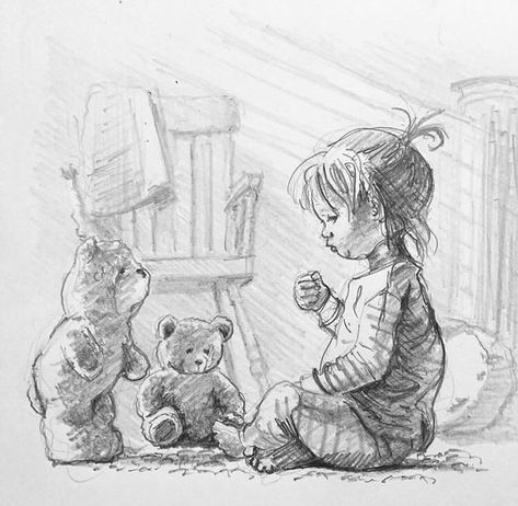 Real People Drawings, Childhood Drawing, Drawing Children, Child Playing, Human Figure Sketches, Children Sketch, Bear Teddy, Figure Sketching, Art Drawings Sketches Creative