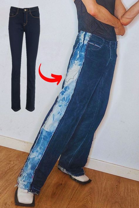 this jeans resewing tutorial shows all the steps to make wide jeans out of skinny jeans. Reuse old jeans to make a modern baggy jeans diy. Refashion skinny jeans to create a denim outfit that fits the time. Redesign clothing with me  with my diy thrift flip jeans tutorials and sewing ideas for old clothing and old jeans. Learn how to make your own upcycled jeans with upcycled materials and make your sewing projects more sustainable today. Diy Pants Refashion, Diy Emo Clothes, Reuse Jeans, Jean Upcycle, Jeans Upcycle, Old Jeans Recycle, Custom Jeans Diy, Reworked Jeans, Jeans Refashion