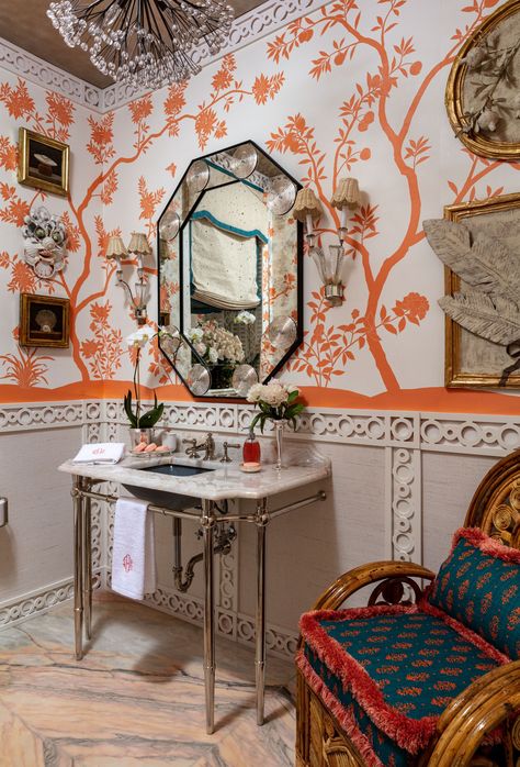 Regency Bathroom, Hollywood Regency Bathroom, New York 2023, House New York, Glamorous Interiors, The Shade Store, Show House, Wallpaper Interior, Artistic Tile