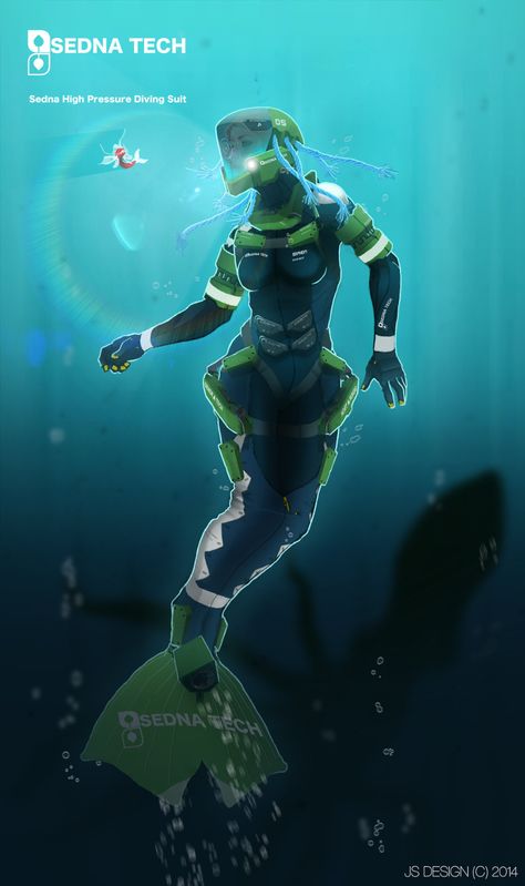 ArtStation - SEDNA Mermaid Diving Suit, Julian Schlottmann Hydropunk Character, Futuristic Submarine Concept Art, Diver Concept Art, Mermaid And Diver, Diver Suit, Mermaid Diving, Subnautica Concept Art, Mermaid Suit, Underwater City