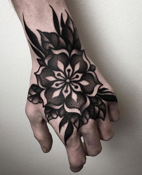 Flower tattoo on the hand done by @_konradszimeth_ | www.otziapp.com Flower Hand Tattoo, Japanese Hand Tattoos, Herren Hand Tattoos, Hand And Finger Tattoos, Hand Tats, Cool Tattoos For Guys, Small Hand Tattoos, Hand Tattoos For Guys, Aesthetic Tattoo