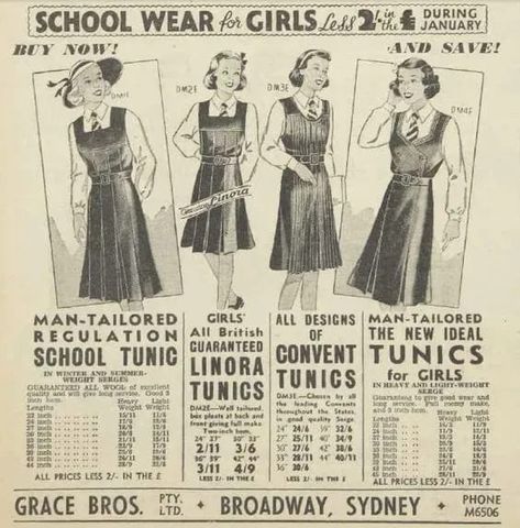 School wear from Grace Brothers, Broadway, Sydney 1938. 1930s fashions for young girls. See more vintage Back to School Ads from the 1920s, 1930s, 1940s, 1950s and 1960s at the Vintage Inn Blog! 1930s School, School Ads, Back To School Vintage, Summer Teacher Outfits, Australian Vintage, Australia History, Girls Tunics, Heavy And Light, Fashion Illustration Vintage