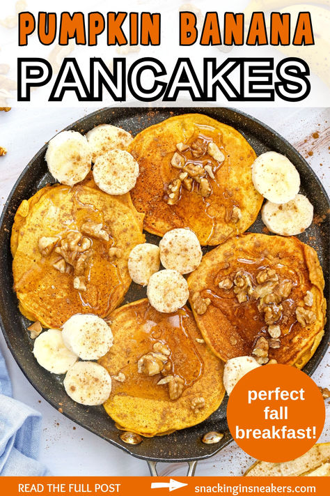 Several pumpkin banana pancakes in a pan topped with sliced bananas, with a text overlay with the name of the recipe. Pumpkin Banana Oat Pancakes, Banana Pumpkin Pancakes Healthy, Healthy Banana Pumpkin Recipes, Pumpkin Banana Pancakes, Leftover Canned Pumpkin, Use Ripe Bananas, Healthy Banana Pancakes, Pumpkin Protein Pancakes, Pumpkin Pancake