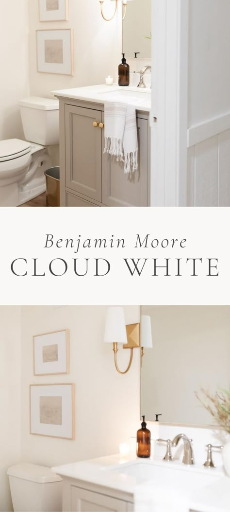 White Bathroom Paint Colors, Neutral Powder Room, Warm Neutral Bathroom, Off White Bathroom, White Bathroom Colors, Benjamin Moore Bathroom, Benjamin Moore Cloud White, White Bathroom Paint, Painting Trim White