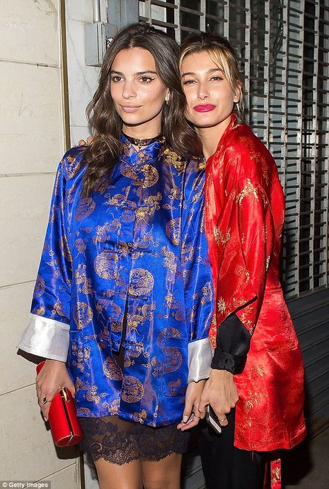 Something more comfortable: The models went all out in similar silk kimonos as they struck... Pajamas Satin, Pyjama Party, Gala Event, Blue Kimono, Hailey Rhode, Chrissy Teigen, Sports Illustrated Swimsuit, New York Style, Emily Ratajkowski