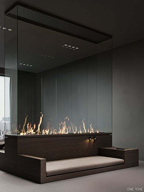 Archi Design, Interior Design Photography, Glass Walls, 아파트 인테리어, Fireplace Ideas, Home Fireplace, Modern Fireplace, Fireplace Wall, Dark Room