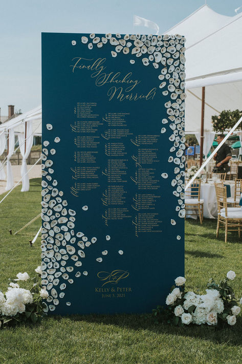 Free standing wedding seating chart adorned with hand picked connecticut oyster shells. Madison Beach Club ocean front backdrop for this stunner of a Installation and best ocean blue color. Photo: @stevedepino Planner: @acedevents Flowers: @flowersbyjustine Oyster Seating Chart Wedding, Oyster Shell Seating Chart, Coastal Wedding Seating Chart, Oyster Seating Chart, Beach Wedding Seating Chart, Ocean Blue Color, Planning Board, Nautical Map, Wall Seating