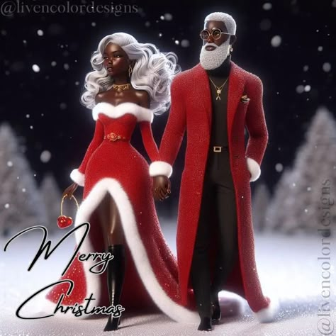 Merry Christmas Black Images, Black Love Christmas, Black Santa Claus Pictures, Black People Christmas, Black Family Christmas, Santa Claus And Mrs Claus, Black Christmas Cards, African American Holidays, Black Christmas Decorations