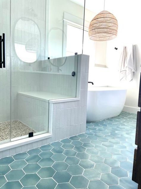 Shop this Pinterest from @TileBar Hexagon Bathroom, Modern Coastal Bathroom, Hexagon Tile Bathroom, Blue Green Tile, Teal Bathroom, Hexagon Tile, Beach Bathroom Decor, Coastal Bathrooms, Bathroom Reno