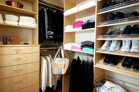 Solve Your 4x4 Closet Woes With Custom Design | Closet America 4x4 Closet, Slanted Ceiling Storage, Closet Organization Accessories, Walk In Closet Layout, Contemporary Closet, Closet Island, Closet Clutter, Custom Closet Design, Reach In Closet