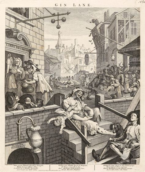 This print was published as a pair with Beer Street and contrasted the health and productivity benefits of drinking beer with the vice of gin drinking. At the time the prints were made gin was drunk in great quantities in England, and was extremely cheap (an inscription on the print reads 'Drunk for a Penny / Dead Drunk for two pence / Clean Straw for Nothing'). Hogarth's nightmarish scene is set in the slum known as the Ruins of St Giles and includes a drunken mother dropping her baby to take William Hogarth, English Artists, Old Maps, Vintage Art Prints, Vintage Artwork, Photo Mugs, Caricatures, Photographic Prints, Online Printing