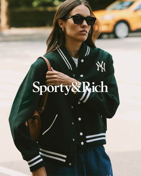 Sporty & Rich (@sportyandrich) • Instagram photos and videos Women Baseball Jacket Outfit, Sporty Jacket Outfit, Rich And Sporty, Simon Nessman, Varsity Jacket Outfit, The Carlyle, Sporty Jacket, 9 Am, Design Board