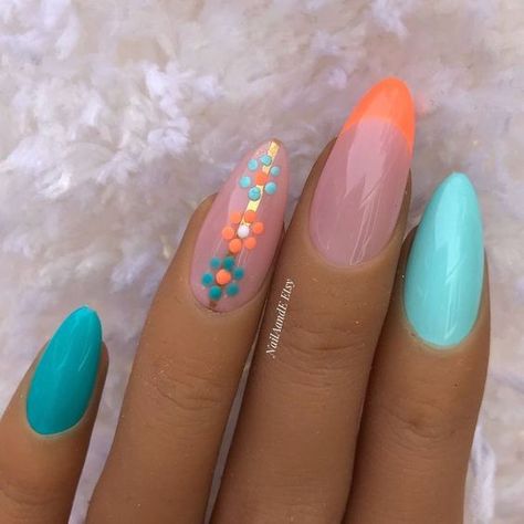 #fashion, #style, #outfitinspiration, #beauty Pretty Gel Nails Summer, Bright Gel Nail Designs, Spain Inspired Nails, Bright French Tip Nails, Short Summer Gel Nails, Summer Gel Nail Art, Nails Square Oval, Colourful Summer Nails, August Nails Ideas