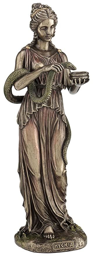 Hygeia is the Greek Goddess of healing. She has wings like and angel and a snake signifying healing energy and medicine Goddess Of Health, Greek Mythology Statue, Saint Statues, Bronze Gifts, Catholic Statues, Greek And Roman Mythology, Bronze Figurine, Roman Mythology, Statue Sculpture