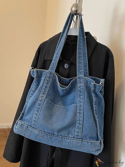 Bird in Bag - Cowboy Tote Casual Solid Color Handbag Bag, Simple Shoulder Tote Body Bag for School, Large Capacity Travel Satchel Storage Bag Denim Repurpose Ideas, Denim Tote Bag Diy Old Jeans, Diy Bags From Old Clothes, Sew Tote Bag, Tote Bag Jeans, Diy Goth Clothes, Jean Tote Bag, Jeans Tote Bag, Diy Bags Jeans