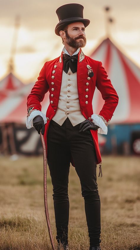 Dazzle in a Leo ringmaster look: bold red tailcoat, iconic top hat, whip in hand, against a big top tent backdrop. Unleash your inner showstopper with circus-inspired flair! Ringleader Outfit Male, Circus Outfit Aesthetic, Ringleader Outfit, Red Tailcoat, Ringmaster Outfit, Magician Outfit, Tent Backdrop, Juliet Costume, Romeo And Juliet Costumes