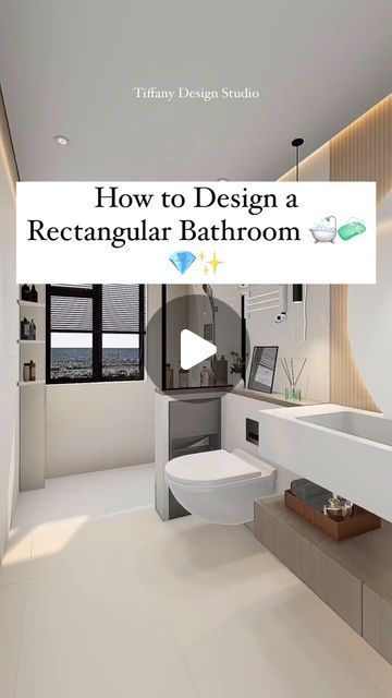 Tiffany design studio💎 on Instagram: "Read Below 👇7️⃣ instructions for Rectangular Bathroom 💎✨💡

1-instead of covering the pipes only, build a new wall to hide them, include niches 
Now install the 🚿 with the imbedded parts ,advanced & eazy to maintain ✨

2.Sunken shower area design with long floor drain, waterproof & drain fast

3.Instead of glazed door which is hard to clean, install a single partition, this will also save you money 💰 

4.Instead of floor-mounted toilets🚽 install a wall mounted unit with a hidden water tank 

5.Install a hanging cabinet above ⬆️,store ur daily products & make use of the niches in between 

6- Install a suspended vanity instead of the traditional one,easier to clean & nicer✨

7. Install a marble background with a small rounded mirror 🪞 with led hi Bathroom Wall Recess, Hidden Niche Bathroom, Shower Area Design, Suspended Vanity, Rounded Mirror, Hidden Light, Small Round Mirrors, Shower Area, Rectangular Bathroom