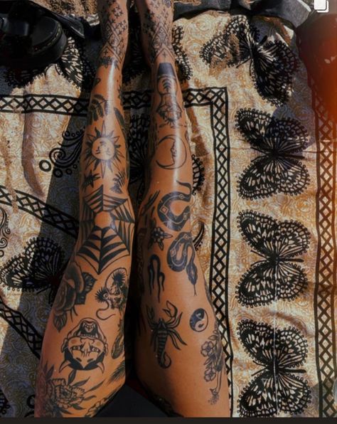 High Leg Tattoo Women, Woman’s Leg Tattoo Ideas, Traditional Style Leg Sleeve, Patchwork Tattoo For Women Ideas, While Leg Tattoos, Leg Sleeves Patchwork, Women Leg Tattoo Traditional, Lady Leg Tattoo, Sick Leg Tattoos