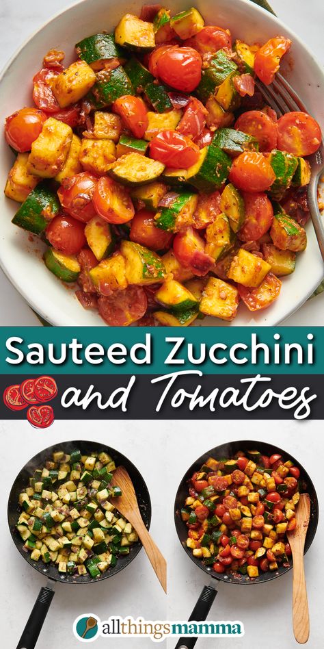 Sautéed Zucchini and Tomatoes collage image. top image shows a top down shot of a bowl of Sautéed Zucchini and Tomatoes. the bottom left shows a step cooking chopped zucchini, the bottom right shows Sautéed Zucchini and Tomatoes in a large pan. Sautéed Zucchini And Tomatoes, Zucchini Tomato Onion Saute, Sauteed Zuchinis Recipe, Courgette And Tomato Recipes, Sauteed Zucchini And Tomato Recipes, Zucchini And Tomatoes Sauteed, Zucchini With Tomatoes Recipes, Zucchini And Tomatoes Recipes, Zucchini Tomatoes Recipes