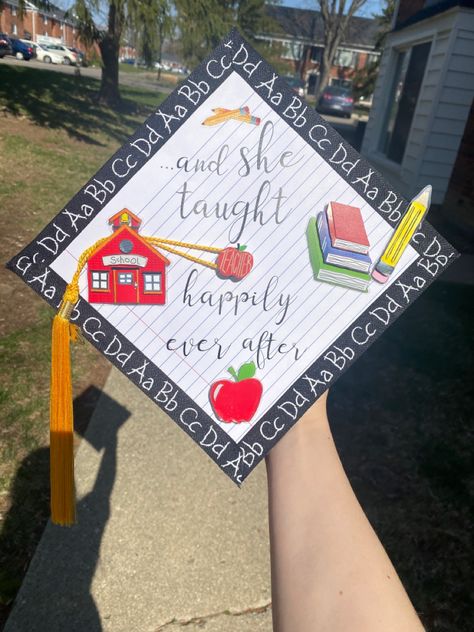 Graduation Cap Designs For Education, Teacher Graduation Caps Ideas, Elementary Cap Decoration, Graduation Teacher Cap Ideas, Educator Graduation Cap, Teacher Inspired Graduation Caps, Grad Cap For Teachers, Elementary Ed Graduation Cap, Disney Teacher Graduation Cap