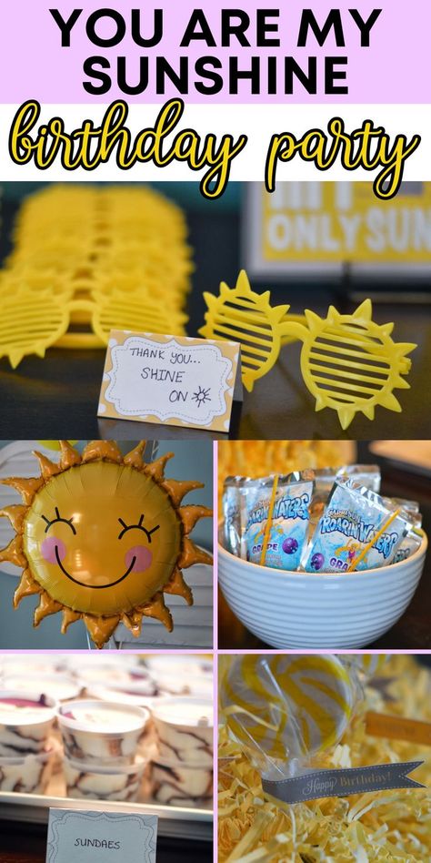 Sunshine Theme Party Decoration, Youre My Sunshine Party 1st Birthdays, Yellow 3rd Birthday Party, Sunshine Birthday Theme Food, Sunny Themed Birthday Party, Sunshine Birthday Food Ideas, Weather Party Decorations, You Are My Sunshine Food Ideas, Four Cast Is Bright And Sunny Party