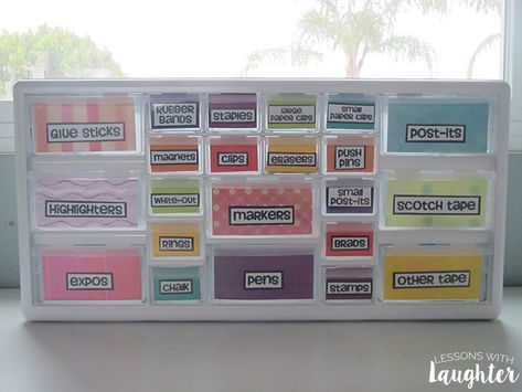 Colorful Toolbox Organizer - Lessons With Laughter Drawers For Desk, Teacher Tool Box, Teacher Toolbox Organizer, Toolbox Organizer, Teachers Toolbox, Teaching Organization, Class Organization, Tool Box Organization, Organization And Management