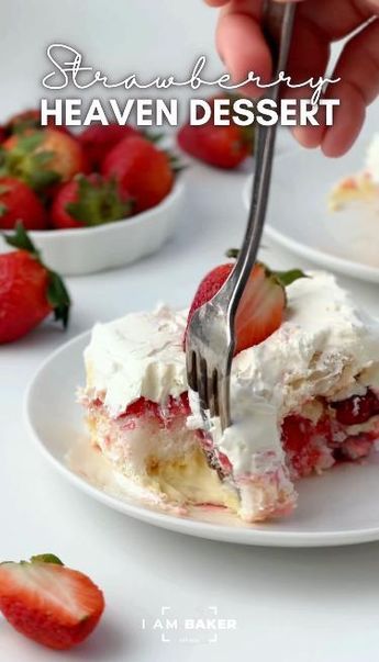 Strawberry Heaven Dessert is a layered dessert made with cubes of angel food cake topped with strawberry pie filling, vanilla pudding, and whipped cream. This no-bake dessert, also known as heaven on Earth cake is as easy to put together as it is to enjoy! Seriously, if you need a dessert that everyone will love, this is perfect. Heaven Dessert, Heaven On Earth Cake, Strawberry Heaven, Strawberry Angel Food Cake, Angel Food Cake Desserts, Earth Cake, Cool Whip Desserts, Fresh Strawberry Recipes, Strawberry Pudding