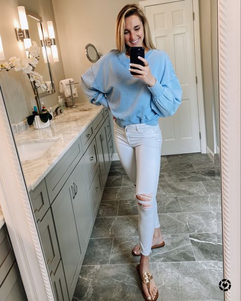 http://liketk.it/3fnlY #liketkit @liketoknow.it #LTKunder100 #LTKshoecrush #LTKstyletip #casual #sandals  #sweatshirt #cozy #LTKSeasonal #competition #jeans #white 
For a cozy casual Sunday morning this blue comfy sweatshirt is perfect! It has balloon sleeves which I love cuz it gives it an extra trendy look! Wear with white jeans for a summer outfit and summer sandals!
 You can instantly shop all of my looks by following me on the LIKEtoKNOW.it shopping app Summer Sweatshirt, Comfy Sweatshirt, Jeans White, Summer Sandals, Shopping App, Casual Sandals, Sunday Morning, Balloon Sleeves, Sandals Summer