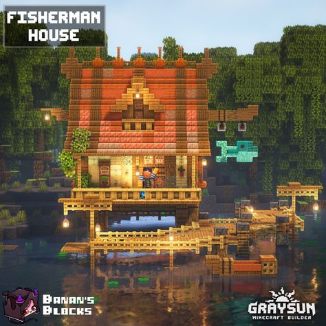 Minecraft Beachfront House, Fisherman Build Minecraft, Fisherman’s House Minecraft, Minecraft Boathouse Ideas, Minecraft Sea House Ideas, Minecraft Villager Fisherman House, Minecraft Bait Shop, Beachside House Minecraft, Minecraft Fishing Dock House