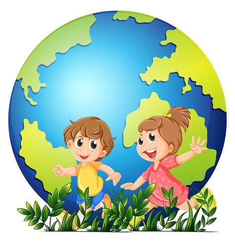 Free vector earth theme with boy and gir... | Free Vector #Freepik #freevector #kids-clipart #girl-clipart #boy-clipart #boy-girl Preschool Designs, Images Emoji, School Board Decoration, School Images, School Wall Art, School Murals, School Painting, Kids Background, Kids Clipart