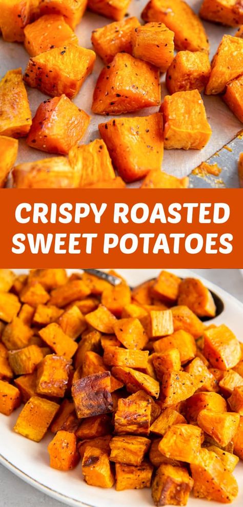 Crispy Roasted Sweet Potatoes are the perfect addition to any meal. Only a few ingredients and less than 25 minutes. Enjoy them as a side dish or in tacos, salads, bowls and more! Roasted Sweet Potato Cubes, Potato Cubes, Sweet Potato Recipes Roasted, Oven Roasted Sweet Potatoes, Cubed Sweet Potatoes, Crispy Sweet Potato, Garlic Seasoning, Recipe Sweet, Potato Recipe