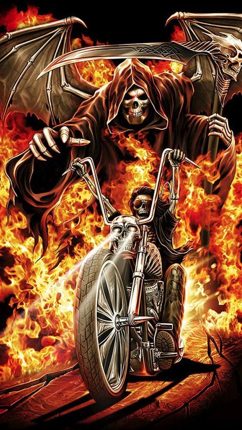 Skeleton Pics, Colorful Skull Art, Bike Artwork, Ghost Rider Wallpaper, Harley Davidson Artwork, Rock Poster Art, Cool Skeleton, Grim Reaper Art, Harley Davidson Art